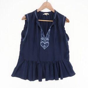 Rebecca Taylor Silk Sleeveless Top‎ Womens 2 Blue Embroidered Peplum Raw Edges